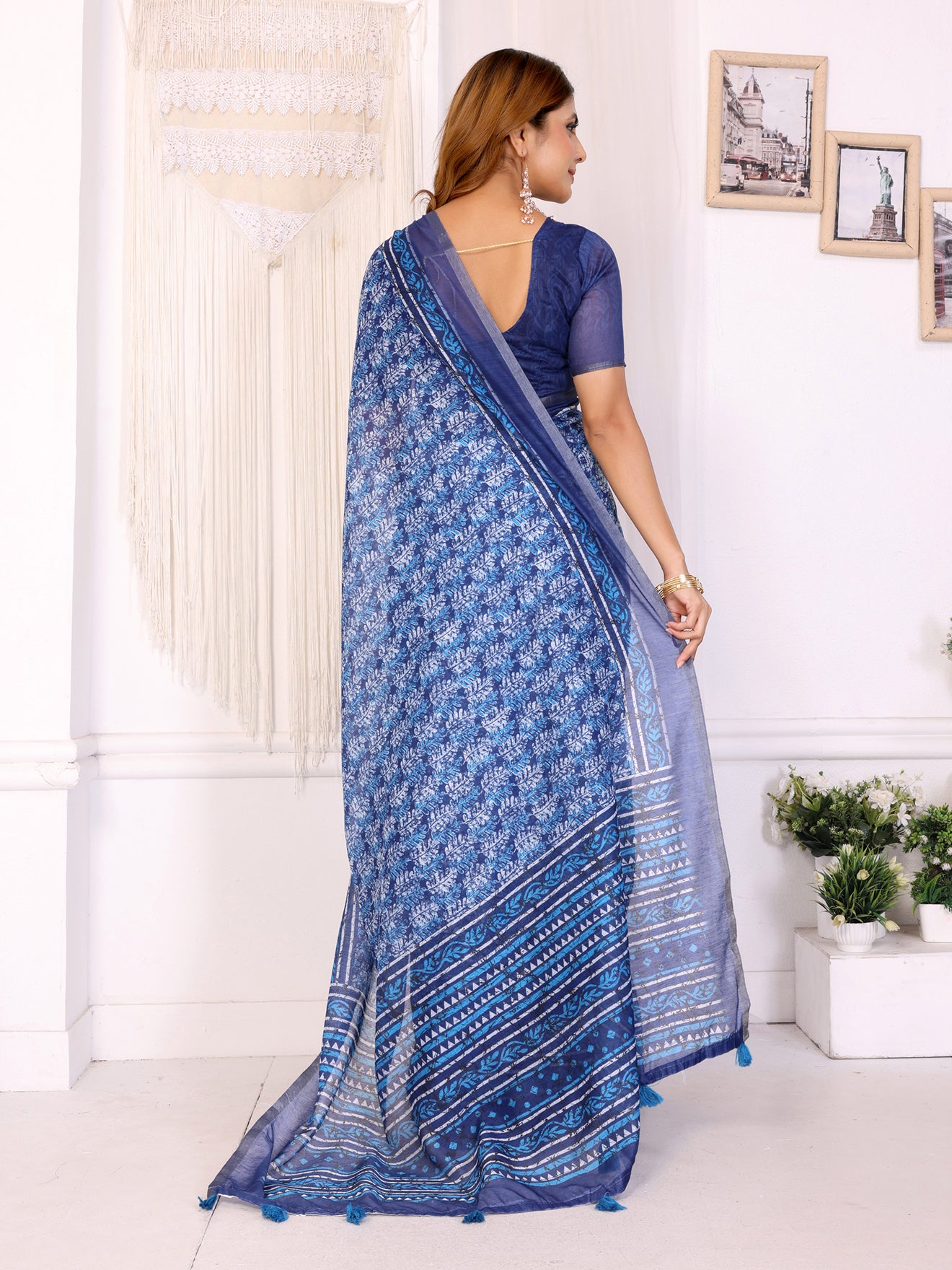 Elegant White Chanderi Saree with Digital Floral Print  | Royal & Navy Blue Accents | Lightweight Designer Saree with Matching Blouse Piece โ 5.5 Meters